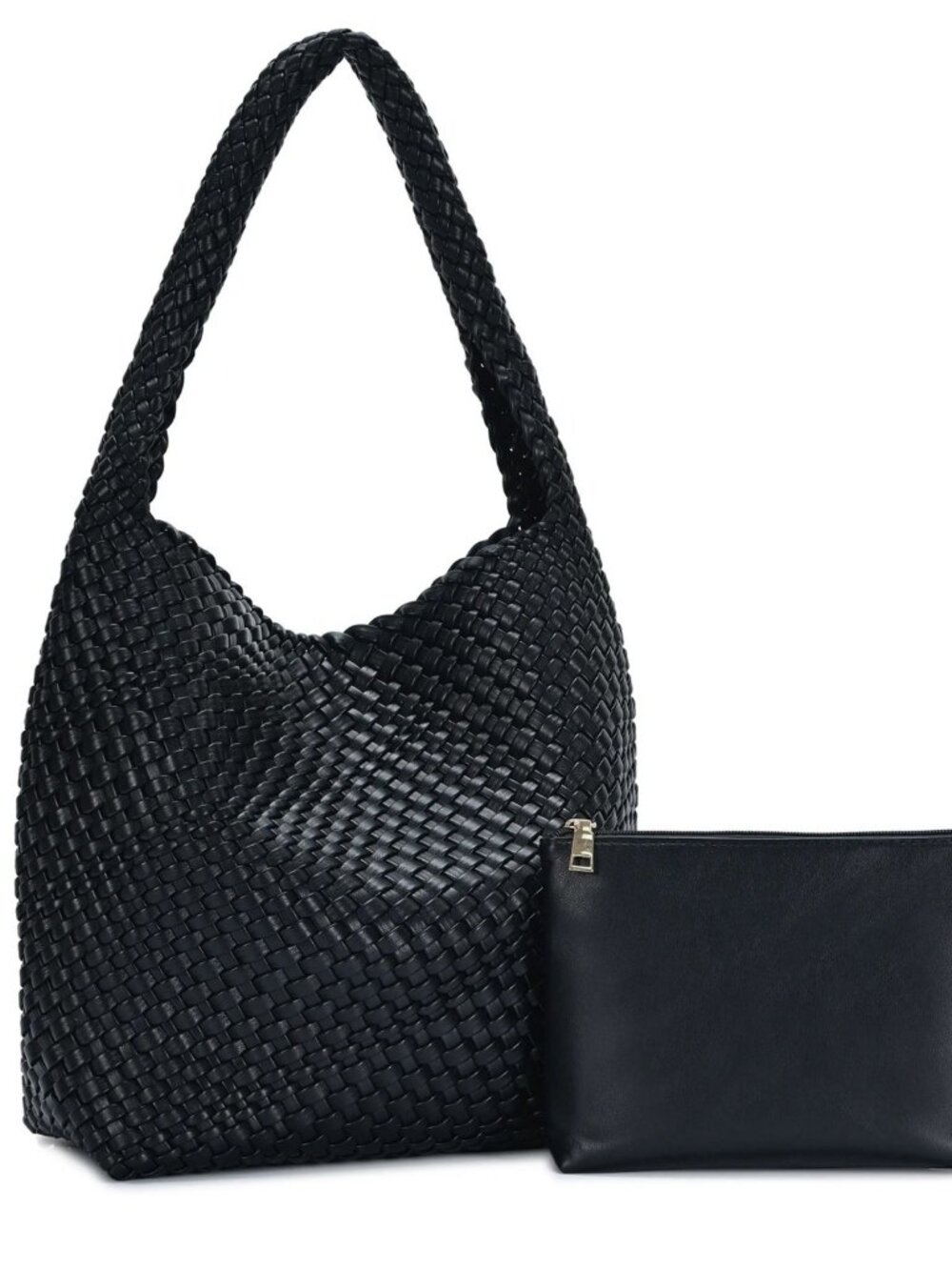 Black Large Woven Vegan Leather Shoulder Tote & Pouch Set - Picture 2 of 8